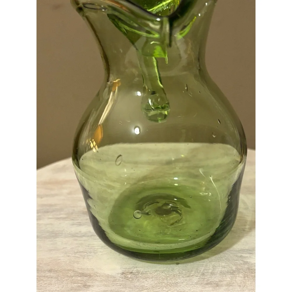 Vintage Hand Blown Green Glass Mini Pitcher Applied Handle Seed Bubbles Creamer